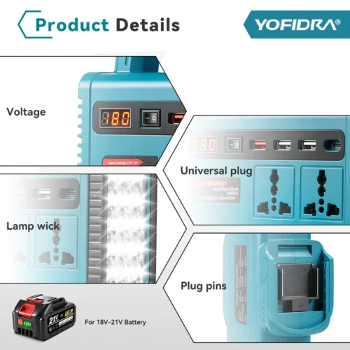 Prenosivi inverter 220V 200W na aku bateriju 21V - pretvarač napona sa USB i LED lampom